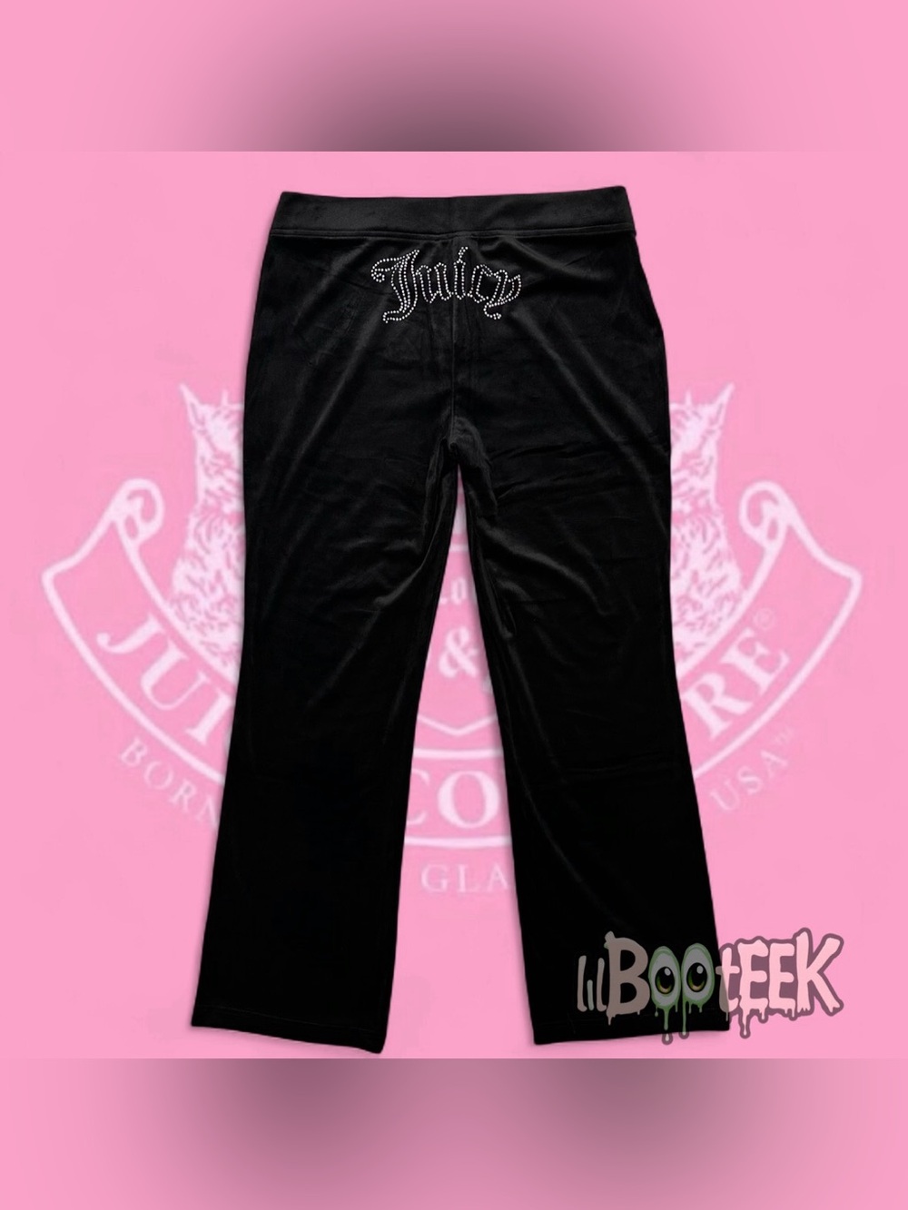 Juicy Couture LG Black Liquorice Velour Flare Leg Pants Rhinestone Logo NEW Y2K